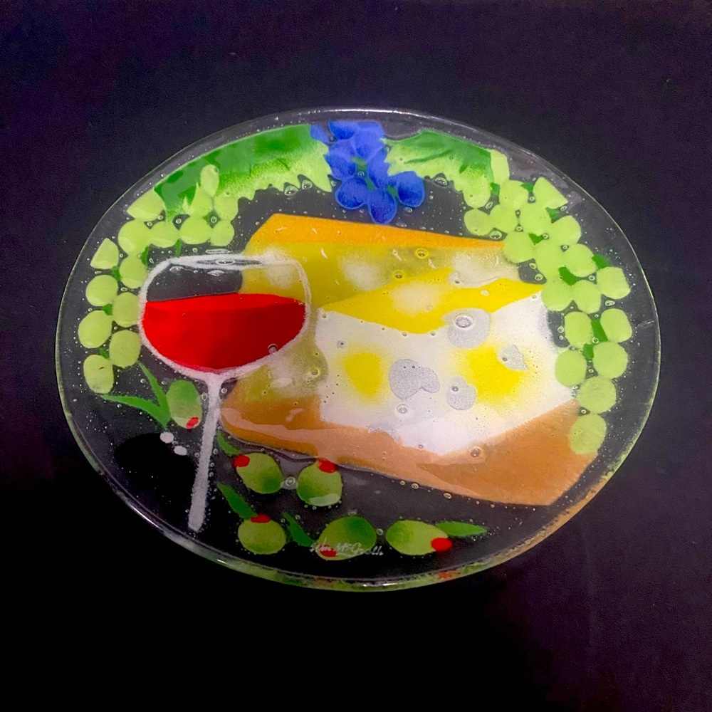 Fusion Art Glass Wine & Cheese Plate by Inkogneto